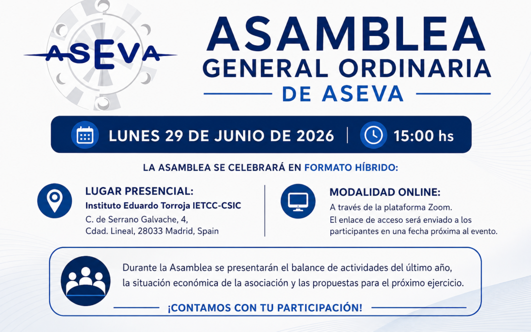 Poster for the 2026 ASEVA Annual General Meeting, to be held on June 29 in a hybrid format at the IETcc-CSIC and via Zoom.